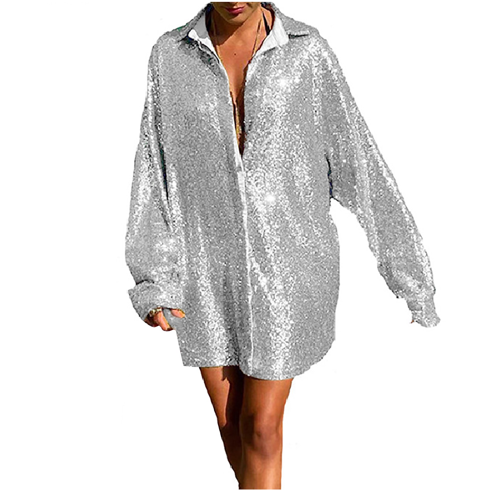 thumbnail image 1 of Blusa sexy con cuello en V y lentejuelas para mujer: top de manga larga con pliegues en el ombligo, corte holgado para fiestas/uso diario, tejido de poliéster con lentejuelas, 1 of 4